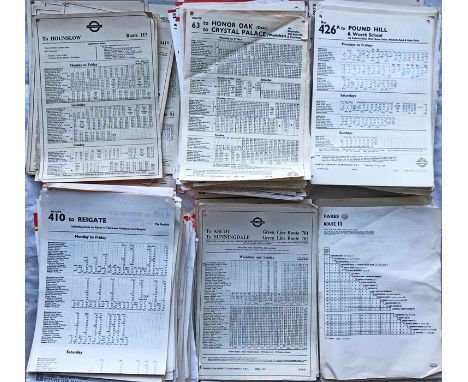 Very large quantity (approx 600) of 1940s-90s London Transport BUS STOP PANEL TIMETABLES and CONDUCTORS' FARECHARTS (mainly t