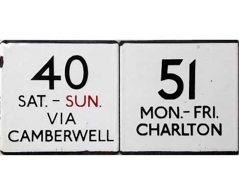 Pair of London Transport bus stop enamel E-PLATES, the first for route 40 Sat-Sun, via Camberwell (location unknown) and the 