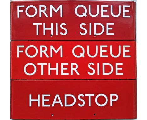 Selection (3) of London Transport bus stop enamel G-PLATES comprising 'Form Queue This Side', 'Form Queue Other Side' and 'He