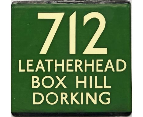 London Transport coach stop enamel E-PLATE for Green Line route 712 destinated Leatherhead, Box Hill, Dorking. Most destinate