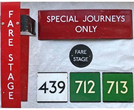 Selection (6 items) of London Transport enamel BUS STOP SIGNAGE comprising a 1960s small Fare Stage plate, a 1970s double Far