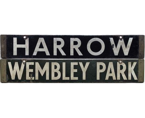 London Underground CO/CP Stock enamel DESTINATION PLATE for Harrow/Wembley Park on the Metropolitan Line. A double-sided sign