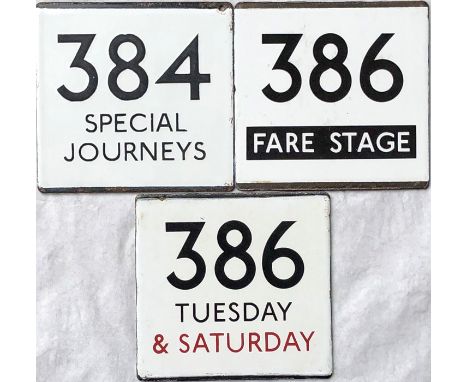Selection (3) of London Transport bus stop enamel E-PLATES comprising 384 Special Journeys, 386 Fare Stage and 386 Tuesday an