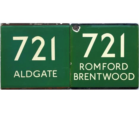 Pair of London Transport coach stop enamel E-PLATES for Green Line route 721, one in each direction, the first destinated Ald