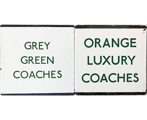 Pair of London Transport coach stop enamel E-PLATES for Grey Green Coaches and Orange Luxury Coaches, both with green letteri