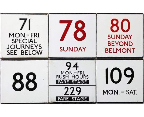 An interesting selection (6) of London Transport bus stop enamel E-PLATES comprising 71 Mon-Fri, Special Journeys, See Below,