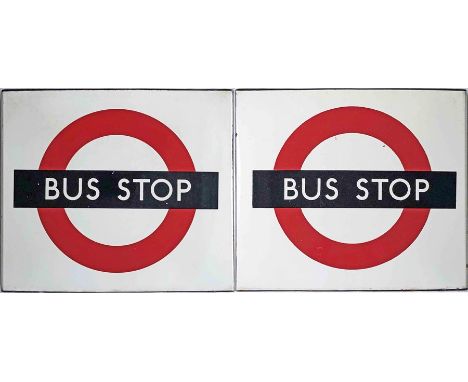 1950s/60s London Transport enamel BUS STOP FLAG, the 'compulsory' version. A double-sided, hollow, 'boat'-style flag measurin