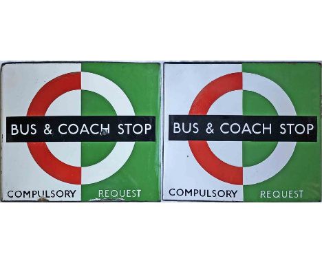 1950s/60s London Transport enamel BUS &amp; COACH STOP FLAG (Bus Compulsory, Coach Request). A double-sided, hollow 'boat'-st