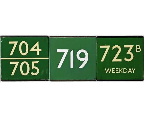 Selection (3) of London Transport coach stop enamel E-PLATES for Green Line routes 704/705, 719 and 723B Weekday. Generally i