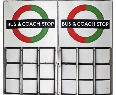 London Transport enamel BUS &amp; COACH STOP FLAG (compulsory). A 1950s/60s 'bullseye'-style, E9-size, double-sided 'boat'-ty