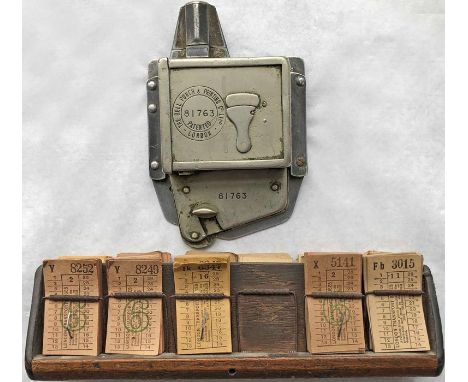 Bell Punch TICKET MACHINE (s/n 81763) with backing plate plus a London Transport wooden TICKET RACK with part-used LT ticket 