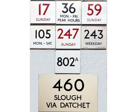 Selection (7) of London Transport bus stop enamel E-PLATES comprising routes 17 Sunday (in red), 36 Mon-Fri Peak Hours, 59 Su