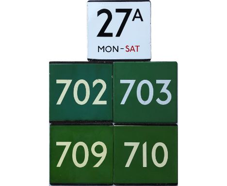 Selection (5) of London Transport bus or coach stop enamel E-PLATES comprising bus route 27A Mon-Sat and Green Line routes 70