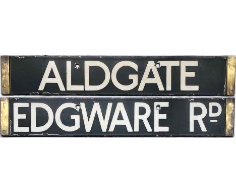 London Underground enamel O/P/Q-Stock CAB DESTINATION PLATE 'Aldgate / Edgware Rd' from the Hammersmith &amp; City Line. A do