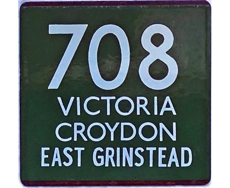 London Transport coach stop enamel E-PLATE for Green Line route 708 destinated Victoria, Croydon, East Grinstead. These plate