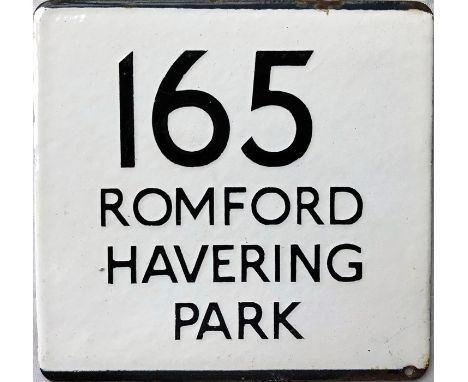 London Transport bus stop enamel E-PLATE for route 165 destinated Romford, Havering Park. Location unknown but possibly the R