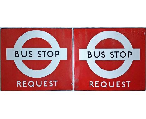 1950s/60s London Transport enamel BUS STOP FLAG, the 'request' version. A double-sided, hollow, 'boat'-style flag measuring 1