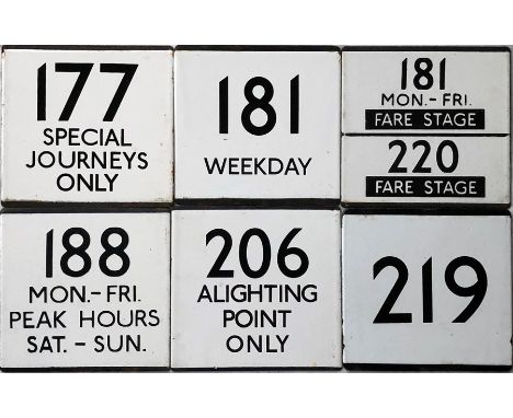 An interesting selection (6) of London Transport bus stop enamel E-PLATES comprising 177 Special Journeys Only, 181 Weekday, 