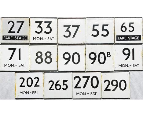 Selection (14) of London Transport bus stop enamel E-PLATES comprising 27 Fare Stage, 33 Mon-Sat, 37, 55, 65 Fare Stage, 71 M