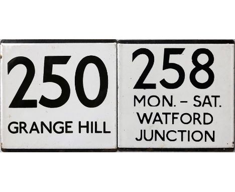 Pair of London Transport bus stop enamel E-PLATES, the first for route 250 destinated Grange Hill (perhaps from Loughton stat