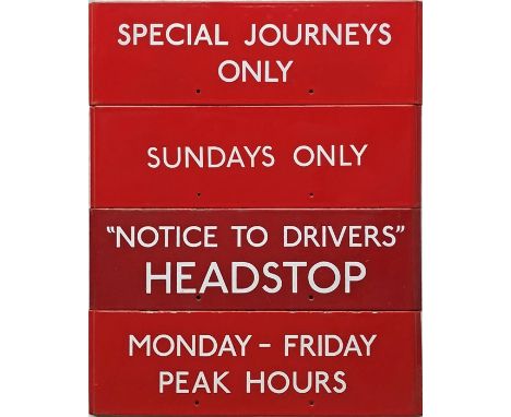 Selection (4) of London Transport bus stop enamel G-PLATES comprising Special Journeys Only, Sundays Only, "Notice to Drivers