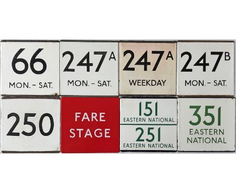 Selection (8) of London Transport bus stop enamel E-PLATES comprising 66 Mon-Sat, 247A Mon-Sat, 247A Weekday, 247B Mon-Sat, 2