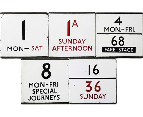 An interesting selection (5) of London Transport bus stop enamel E-PLATES comprising 1 Mon-Sat, 1A Sunday Afternoon (red digi