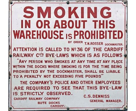 Cardiff Railway ENAMEL SIGN 'Smoking in or about this warehouse is prohibited - by order T.N. Rosser Dockmaster' with further