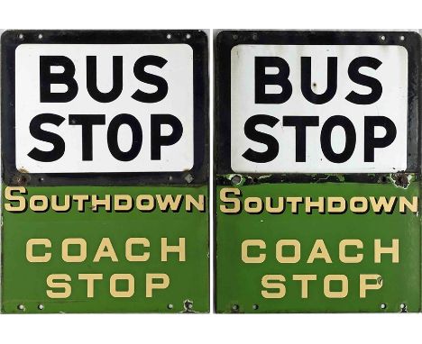 1950s/60s Southdown Motor Services enamel, combined BUS &amp; COACH STOP FLAG consisting of a generic Tilling/BET-style bus s