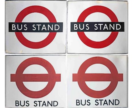Pair of London Transport enamel BUS STOP FLAGS, both are unusually lettered 'Bus Stand' for locations where passengers are no