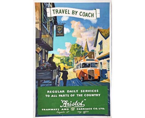 1950s Bristol Tramways &amp; Carriage Company double-crown POSTER 'Travel by Coach' by Frederick Donald Blake (1908-1997). A 