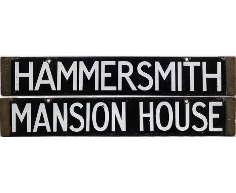 London Underground enamel Q-Stock CAB DESTINATION PLATE 'Hammersmith / Mansion House' from the District Line. A double-sided 