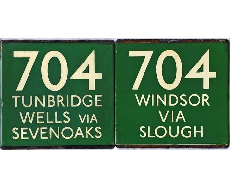 Pair of London Transport coach stop enamel E-PLATES for Green Line route 704, one in each direction, the first destinated Tun