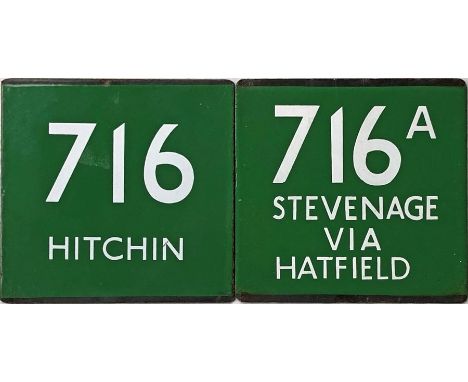 Pair of London Transport coach stop enamel E-PLATES comprising 716 destinated Hitchin (these were recorded between Portman Sq