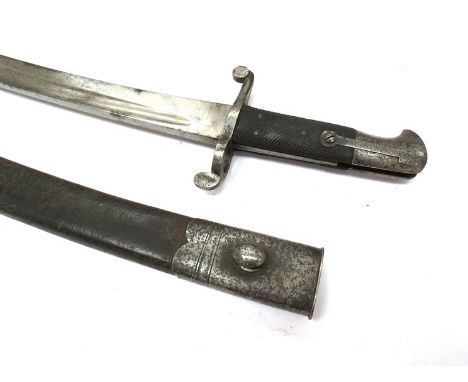 A British 1856 Pattern sabre bayonet by Chavasse with crosshatch grip, single fullered blade and steel mounted leather scabba