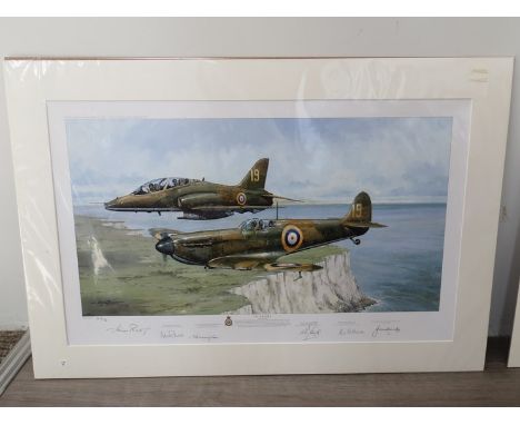 A limited edition print after Michael Rondot, "70 Years", Hawk and Spitfire in flight over White Cliffs, multiple signatures,