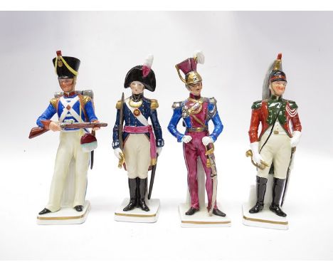 Four Sitzendorf figurines of militarymen: Dragoon 1802, Light Infantry 1830, 1799 56th Reg. of Foot and Officer du 1. Reg de 