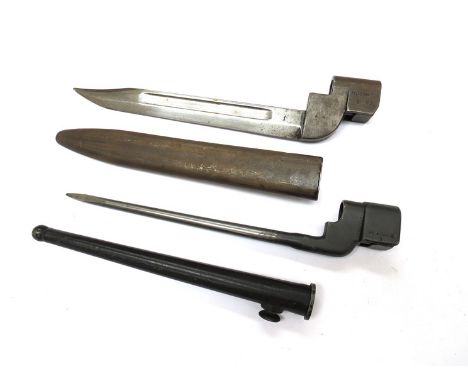 A British No. 9 Mk. I knife bayonet with scabbard, dated 1952, together with a No. 4 Mk. II plug bayonet with scabbard (2)