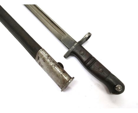 A WWI British 1913 Pattern bayonet dated 12 15 (December 1915) by Remington, with steel mounted leather scabbard