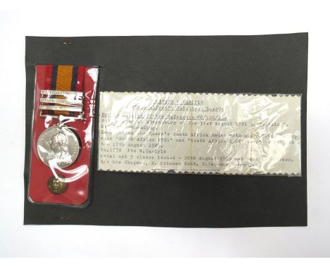 A Queen's South Africa Medal (QSA) with three clasps: South Africa 1901 and 1902, Cape Colony. Named to 1778 PTE. W. CARLYLE 