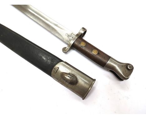 A British 1888 Mk. I second type bayonet by Enfield, various stampings, with steel mounted leather scabbard