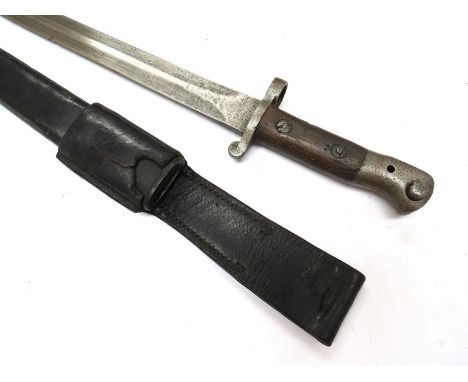 A British 1903 Pattern bayonet dated 3 04 (March 1904) by Wilkinson, with steel mounted leather scabbard and leather frog a/f