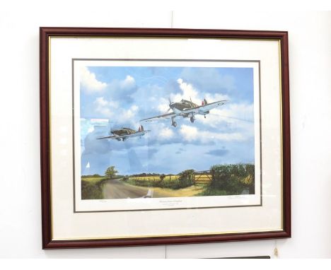 A limited edition print "Return from Combat" depicting Hurricanes of 85 Squadron 1940, after Simon Smith, 142/850, framed and