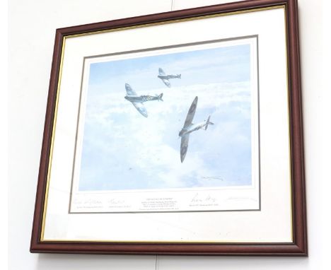 A limited edition print after Michael Turner (1934-) "Spitfires in the Sunshine", signed by Gp. Capt. C.B.F. Kingcome, A/CDR.
