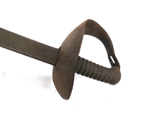 An 1845 Pattern Naval cutlass, the guard stamped BO (Board of Ordnance) and with broad arrow No.99, corroded, hilt bent 