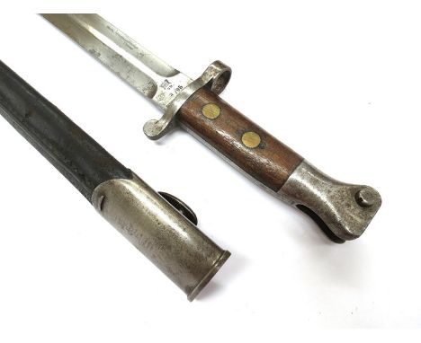 A British 1888 Mk. I second pattern bayonet by Sanderson of Sheffield, dated 3/95 (March 1895), with steel mounted leather sc