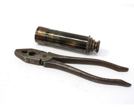 A pair of pliers bearing Nazi swastika together with a modern brassed telescope with Nazi emblem (2)