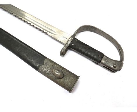 A British 1879 Pattern sawback artillery sword bayonet with steel mounted leather scabbard, with crown 49 mark and 1892 stamp