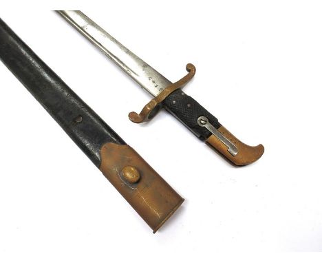 A British 1855 Pattern Lancaster sword bayonet with pipe-back blade and brass mounted hilt. Marked 10.99 R.A.M.C. 6083. Some 