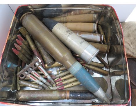 A box of mixed spent ammunition including 20mm Dummy XM254 and Round A/Riot 1.5 L2A2